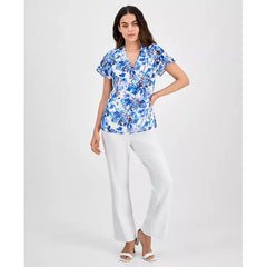 Anne Klein Petite Floral Button Down Ruffle Blouse, Elegant Stylish Womens Top , Bright White Multi
