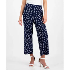 Anne Klein Petite Dot Print Pull On Mid Rise Pants, Trendy Comfortable Womens Bottoms, Distant Mountain/Bright White