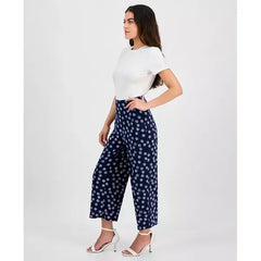Anne Klein Petite Dot Print Pull On Mid Rise Pants, Trendy Comfortable Womens Bottoms, Distant Mountain/Bright White