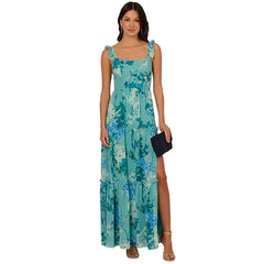 Adrianna Papell Womens Printed Ruffle Tiered Chiffon Gown Elegant Flowing Style for Formal Events,Slate Multi