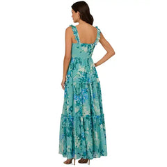 Adrianna Papell Womens Printed Ruffle Tiered Chiffon Gown Elegant Flowing Style for Formal Events,Slate Multi