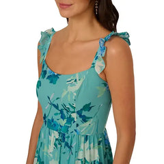Adrianna Papell Womens Printed Ruffle Tiered Chiffon Gown Elegant Flowing Style for Formal Events,Slate Multi
