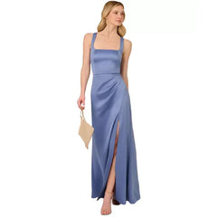 Adrianna Papell Womens Square Neck Satin Slit Front Gown, Elegant Formal or Evening Dress