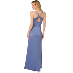 Adrianna Papell Womens Square Neck Satin Slit Front Gown, Elegant Formal or Evening Dress