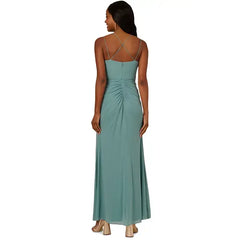 Adrianna Papell Womens V Neck Sleeveless Draped Gown, Elegant Formal Evening Dress