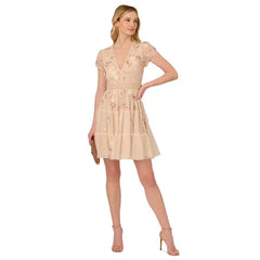 Adrianna Papell Women's V-Neck Beaded Mesh Minidress for Elegant Evening Wear, Pale Pink