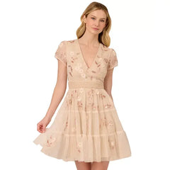 Adrianna Papell Women's V-Neck Beaded Mesh Minidress for Elegant Evening Wear, Pale Pink