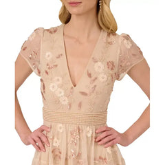 Adrianna Papell Women's V-Neck Beaded Mesh Minidress for Elegant Evening Wear, Pale Pink