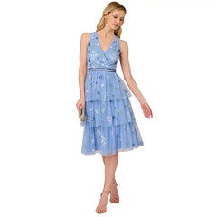 Adrianna Papell Womens Beaded Tiered Mesh Dress, Glamorous and Elegant Style for Special Occasions