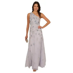 Adrianna Papell Womens Asymmetric Neck Beaded Mesh Gown, Elegant Formal Evening Dress