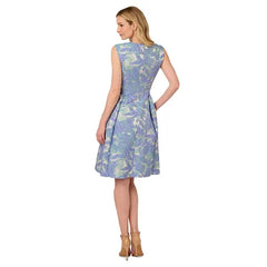 Adrianna Papell Womens Floral Jacquard Fit and Flare Dress Elegant Timeless Style for Special Occasions, Blue/Green Multi