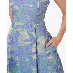 Adrianna Papell Womens Floral Jacquard Fit and Flare Dress Elegant Timeless Style for Special Occasions, Blue/Green Multi