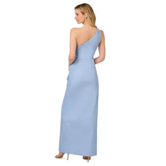 Adrianna Papell Womens Asymmetric Neck Ruffle Trim Gown Elegant Style for Formal Events, Bluebell/Silver