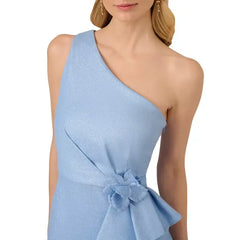 Adrianna Papell Womens Asymmetric Neck Ruffle Trim Gown Elegant Style for Formal Events, Bluebell/Silver
