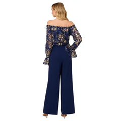 Adrianna Papell Womens Off The Shoulder Lace and Crepe Jumpsuit, Stylish Evening or Special Occasion Outfit