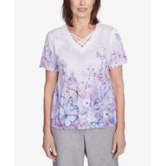 Alfred Dunner Petite Crystal Springs Crisscross Ombre Butterfly Top, Lilac, Size PM