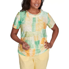 Alfred Dunner Petite Rise & Shine Textured Patch Short Sleeve Top, Lemon Multi