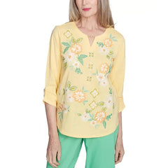 Alfred Dunner Petite Rise & Shine Sunny Floral Embroidered Split Neck Top, Lemon
