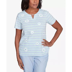 Alfred Dunner Petite St. Thomas Embroidered Daisy Striped Top, Mint Multi