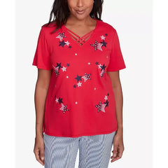 Alfred Dunner Petite Land of The Free Embroidered Stars Crisscross V-Neck Top, Red , Size PS