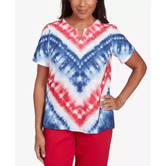 Alfred Dunner Petite Land of The Free Tie Dye American Chevron Short Sleeve Top, Multi Red