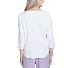 Alfred Dunner Petite Crystal Springs Embroidered Flower Crew Neck Top, White
