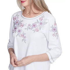Alfred Dunner Petite Crystal Springs Embroidered Flower Crew Neck Top, White