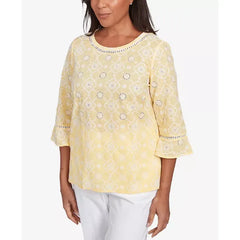 Alfred Dunner Petite Rise & Shine Embroidered Floral Eyelet Bell Sleeve Top, Lemon