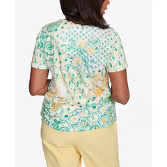Alfred Dunner Petite Rise & Shine Tropical Geometric Patchwork Top, Lime Multi