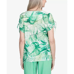 Alfred Dunner Petite Rise & Shine Monotone Tropical Leaf Top, Lime