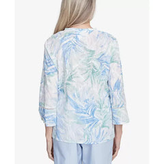 Alfred Dunner Petite St. Thomas Tropical Embroidered Button Front Top, Sky Blue Multi