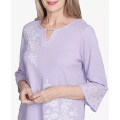 Alfred Dunner Women's Crystal Springs Floral Embroidered Keyhole Neck Top, Lilac
