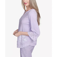 Alfred Dunner Women's Crystal Springs Floral Embroidered Keyhole Neck Top, Lilac
