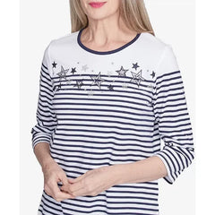 Alfred Dunner Women's Land of The Free Striped Star-Studded Crew Neck Top, Navy Multi