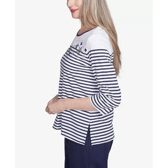 Alfred Dunner Women's Land of The Free Striped Star-Studded Crew Neck Top, Navy Multi