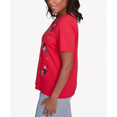 Alfred Dunner Women's Land of The Free Embroidered Stars Crisscross V-Neck T-Shirt, Red