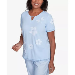 Alfred Dunner Women's St. Thomas Dragonfly Flower Applique Crew Neck T-Shirt, Sky Blue