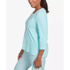 Alfred Dunner Women's St. Thomas Asymmetrical Dragonfly Embroidery Square Neck Top, Mint