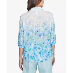 Alfred Dunner Women's St. Thomas Border Floral Collared Neck Top, Sky Blue Multi