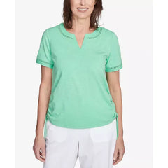Alfred Dunner Women's Rise Shine Dot Lace Trimmed Short Sleeve Round Neck T-Shirt, Lime
