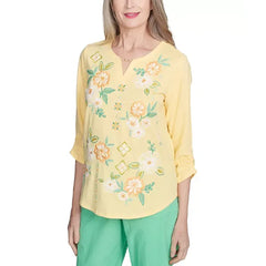 Alfred Dunner Women's Rise Shine Sunny Floral Embroidered Split Neck Top, Lemon