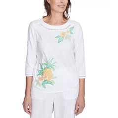 Alfred Dunner Women's Rise Shine Embroidered Pineapple Crew Neck Top, Multi White