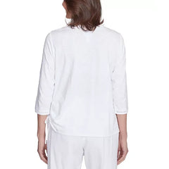 Alfred Dunner Women's Rise Shine Embroidered Pineapple Crew Neck Top, Multi White