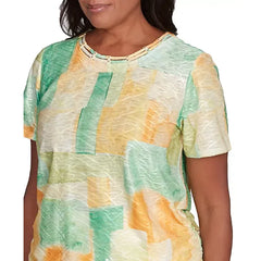 Alfred Dunner Women's Rise Shine Textured Patch Crew Neck T-Shirt, Lemon Multi