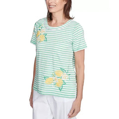 Alfred Dunner Women's Rise Shine Lemon Printed Striped Crew Neck T-Shirt, Lime