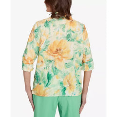 Alfred Dunner Women's Rise Shine Watercolor Floral Tie Sleeve Collared Neck Top, Lime Multi