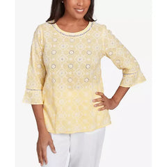 Alfred Dunner Women's Rise Shine Embroidered Floral Eyelet Bell Sleeve Crew Neck Top, Lemon