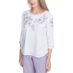 Alfred Dunner Women's Crystal Springs Embroidered Flower Crew Neck Top, White