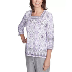 Alfred Dunner Women's Crystal Springs Border Medallion Kaleidoscope Square Neckline Top, Lilac Multi