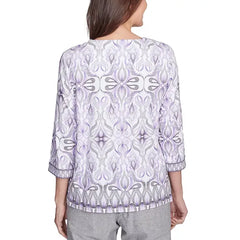 Alfred Dunner Women's Crystal Springs Border Medallion Kaleidoscope Square Neckline Top, Lilac Multi
